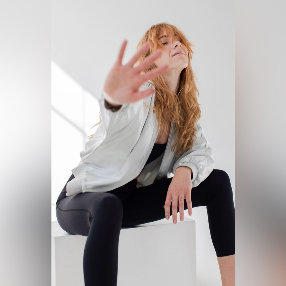 Savvi Lucy Satin Bomber Jacket in Silver - Picture 4 of 12